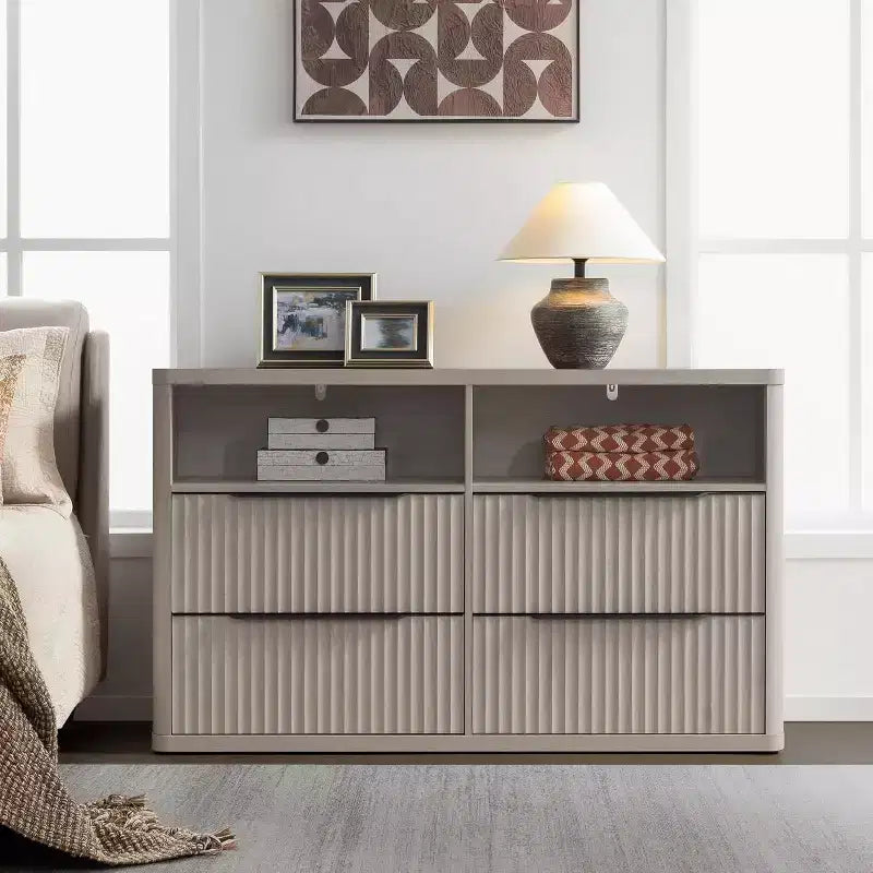 BALHAM TRADE-Modern 56.5 Wide Dresser for Bedroom with 4 Drawers Fluted Open Shelf Closet Storage