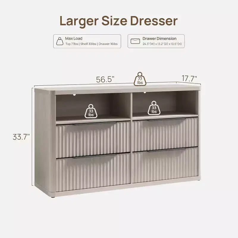 BALHAM TRADE-Modern 56.5 Wide Dresser for Bedroom with 4 Drawers Fluted Open Shelf Closet Storage