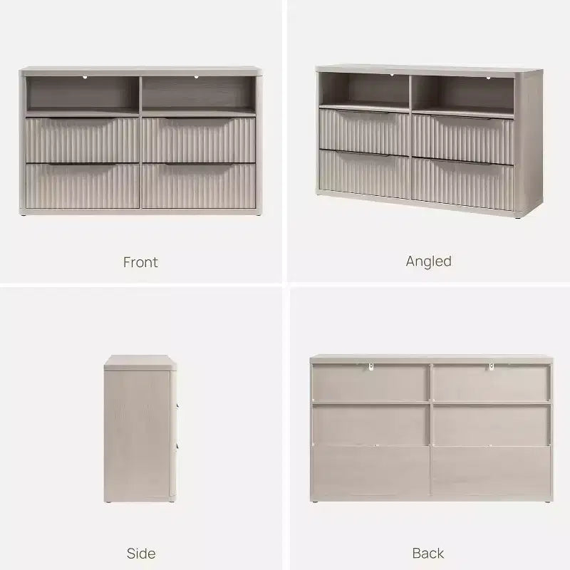 BALHAM TRADE-Modern 56.5 Wide Dresser for Bedroom with 4 Drawers Fluted Open Shelf Closet Storage