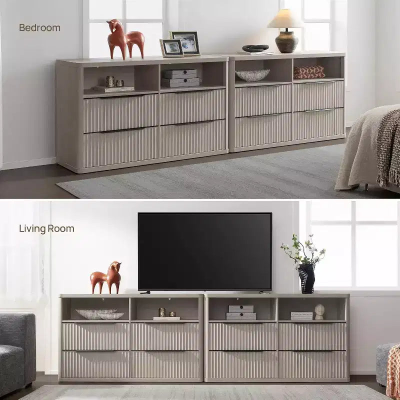 BALHAM TRADE-Modern 56.5 Wide Dresser for Bedroom with 4 Drawers Fluted Open Shelf Closet Storage