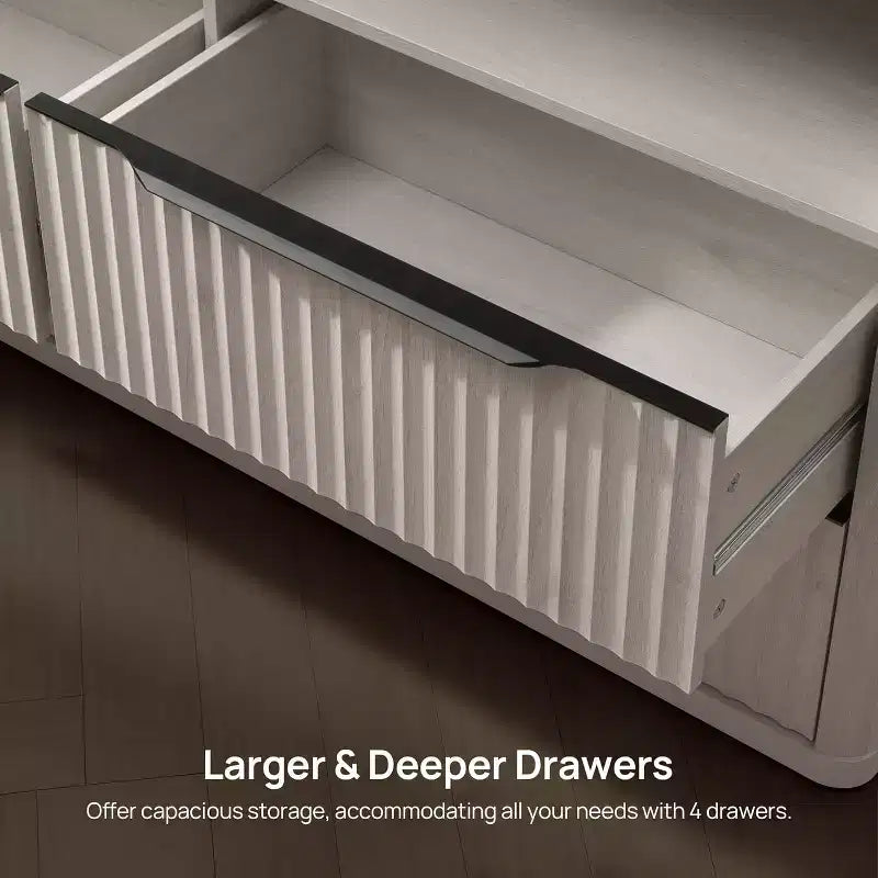 BALHAM TRADE-Modern 56.5 Wide Dresser for Bedroom with 4 Drawers Fluted Open Shelf Closet Storage