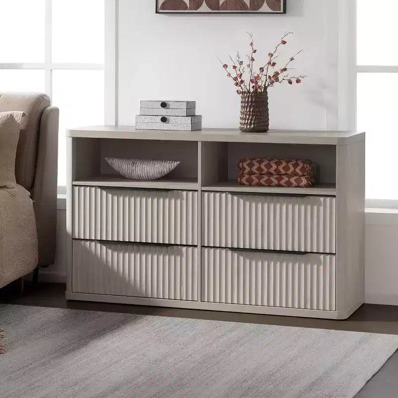 BALHAM TRADE-Modern 56.5 Wide Dresser for Bedroom with 4 Drawers Fluted Open Shelf Closet Storage