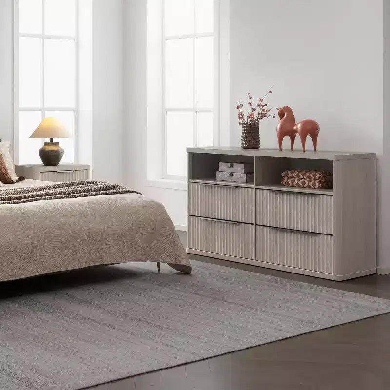 BALHAM TRADE-Modern 56.5 Wide Dresser for Bedroom with 4 Drawers Fluted Open Shelf Closet Storage