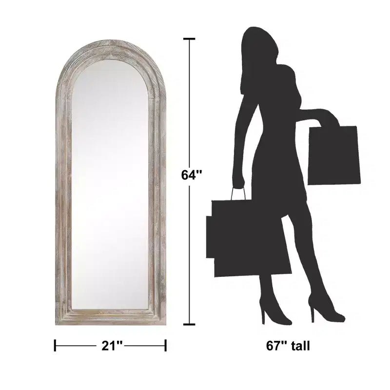64x21 Arched Full Length Mirror Rustic Floor Mirror with Weathered White Solid Wood Frame Farmhouse Wall-Mounted Mirror for Bedroom Living Room
