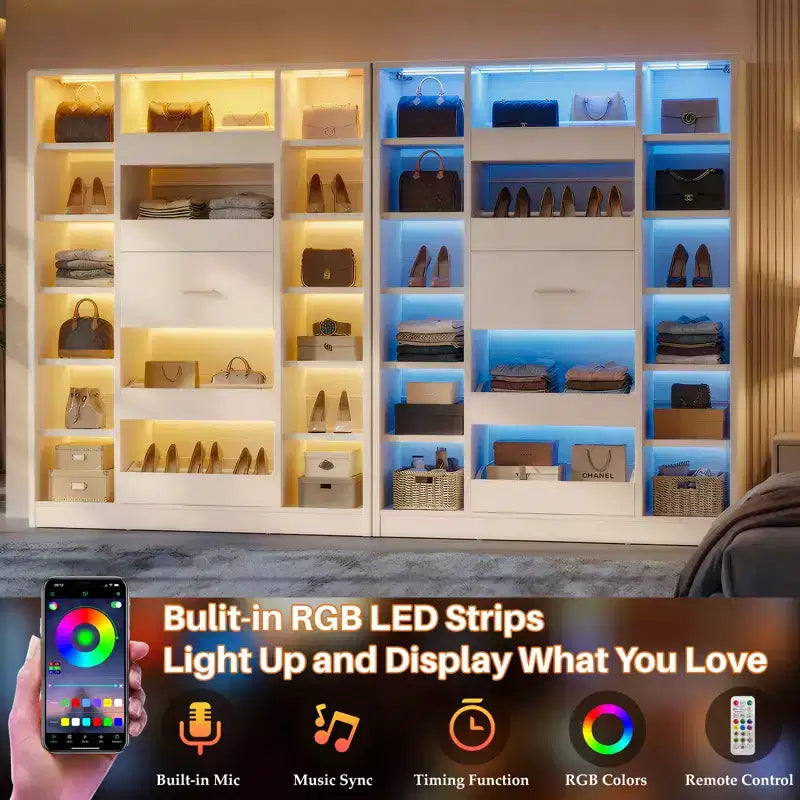 Besiost Wooden Shoes Cabinet with Led Lights, Freestanding Closet Organizer with Drawer and Shelves