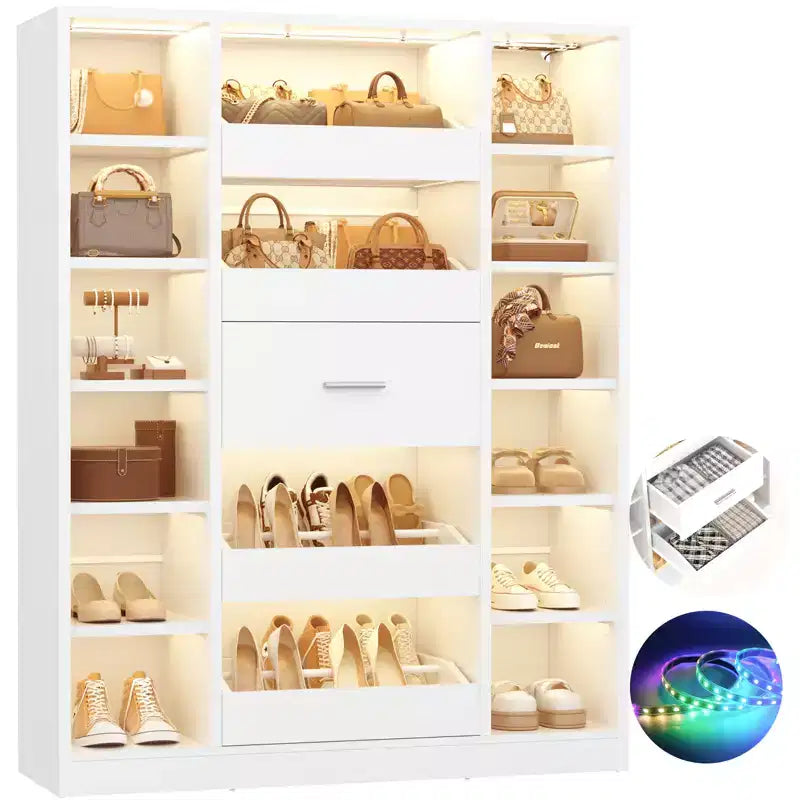 Besiost Wooden Shoes Cabinet with Led Lights, Freestanding Closet Organizer with Drawer and Shelves