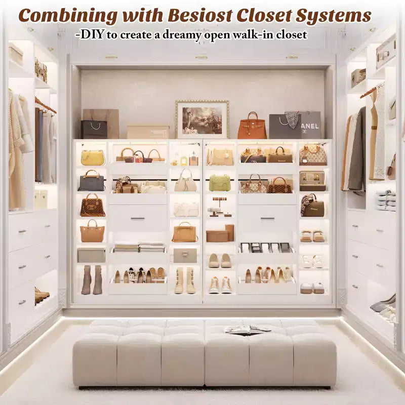 Besiost Wooden Shoes Cabinet with Led Lights, Freestanding Closet Organizer with Drawer and Shelves