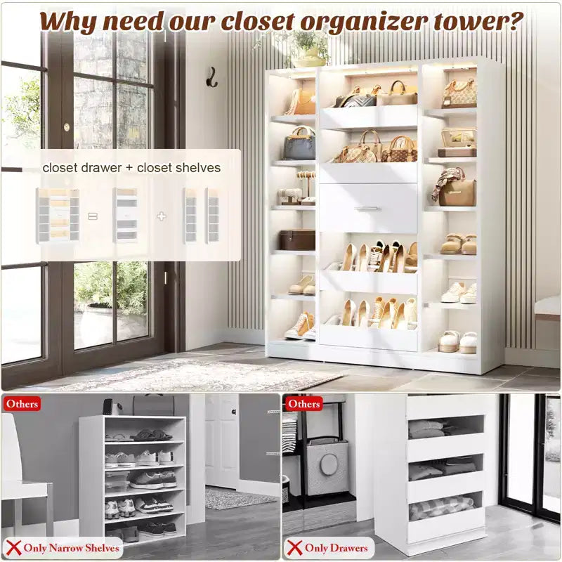 Besiost Wooden Shoes Cabinet with Led Lights, Freestanding Closet Organizer with Drawer and Shelves