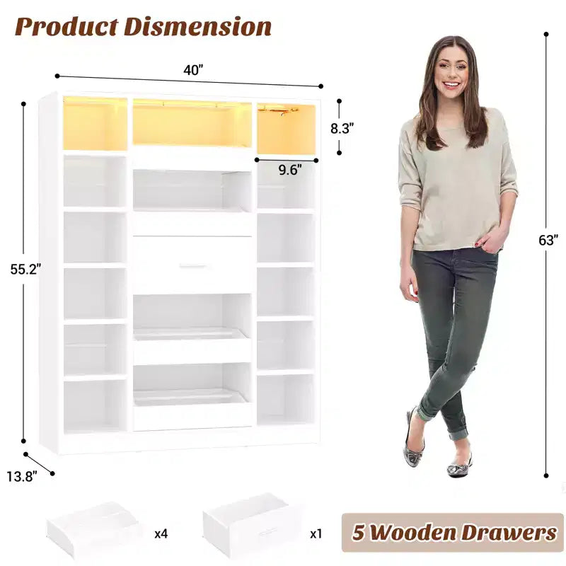 Besiost Wooden Shoes Cabinet with Led Lights, Freestanding Closet Organizer with Drawer and Shelves