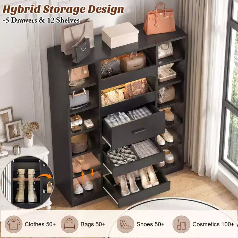 Besiost Wooden Shoes Cabinet with Led Lights, Freestanding Closet Organizer with Drawer and Shelves