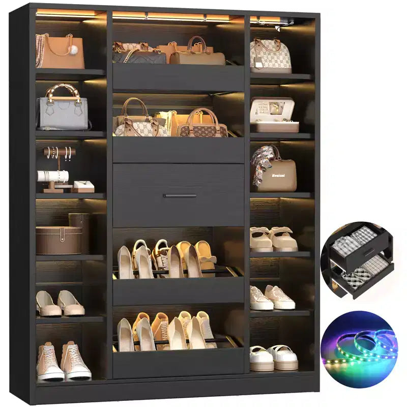 Besiost Wooden Shoes Cabinet with Led Lights, Freestanding Closet Organizer with Drawer and Shelves