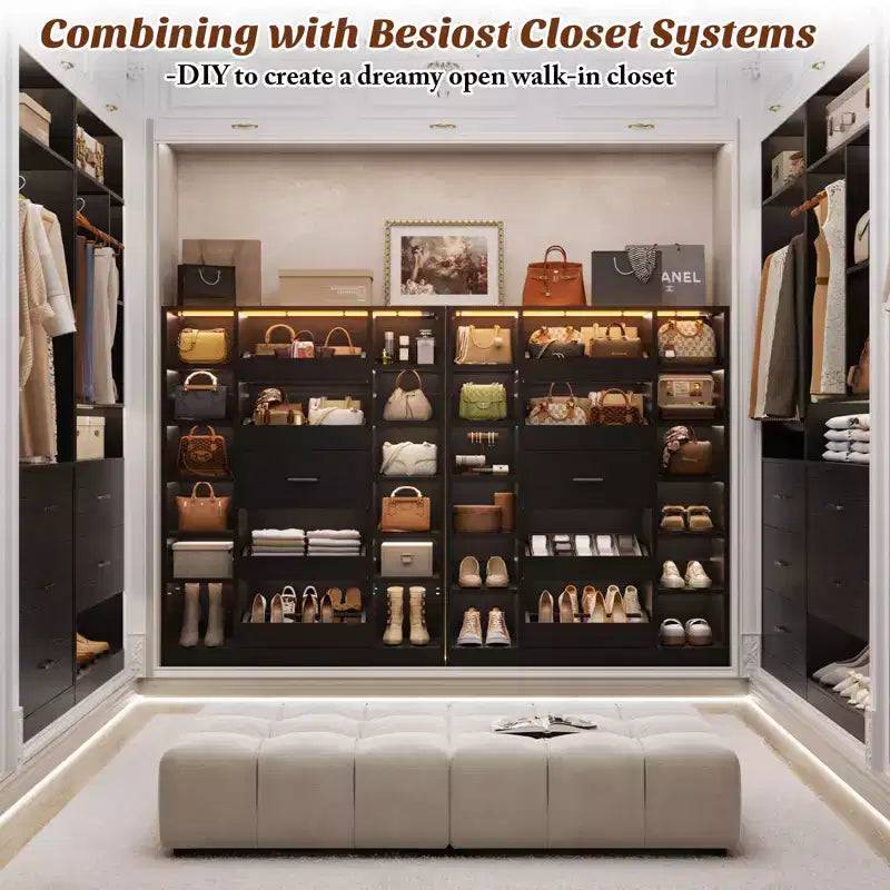 Besiost Wooden Shoes Cabinet with Led Lights, Freestanding Closet Organizer with Drawer and Shelves