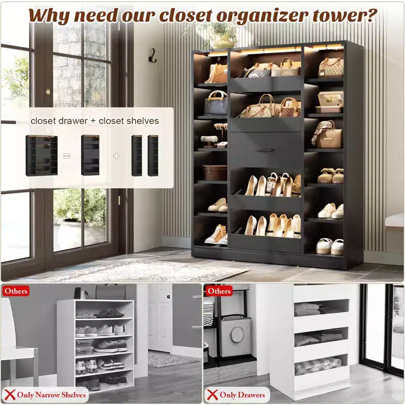 Besiost Wooden Shoes Cabinet with Led Lights, Freestanding Closet Organizer with Drawer and Shelves