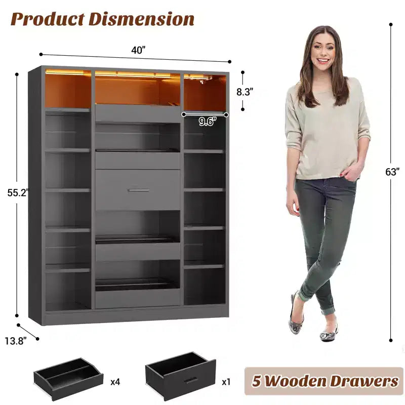 Besiost Wooden Shoes Cabinet with Led Lights, Freestanding Closet Organizer with Drawer and Shelves