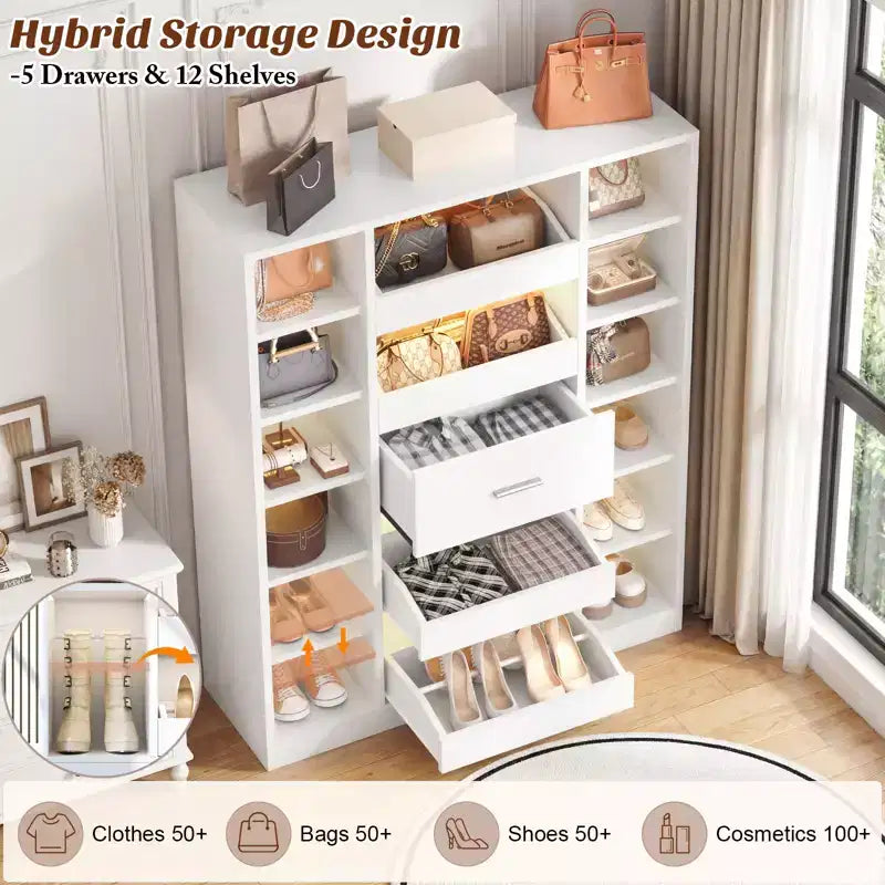 Besiost Wooden Shoes Cabinet with Led Lights, Freestanding Closet Organizer with Drawer and Shelves