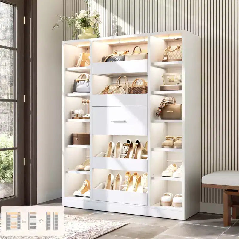 Besiost Wooden Shoes Cabinet with Led Lights, Freestanding Closet Organizer with Drawer and Shelves