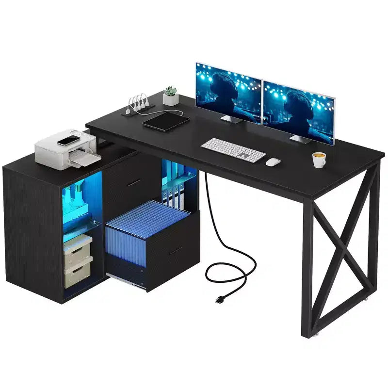 Black 55inch L Shaped Desk Reversible Corner Computer Desk with Drawers & LED Lights with 4 Glass Open Storage Shelves