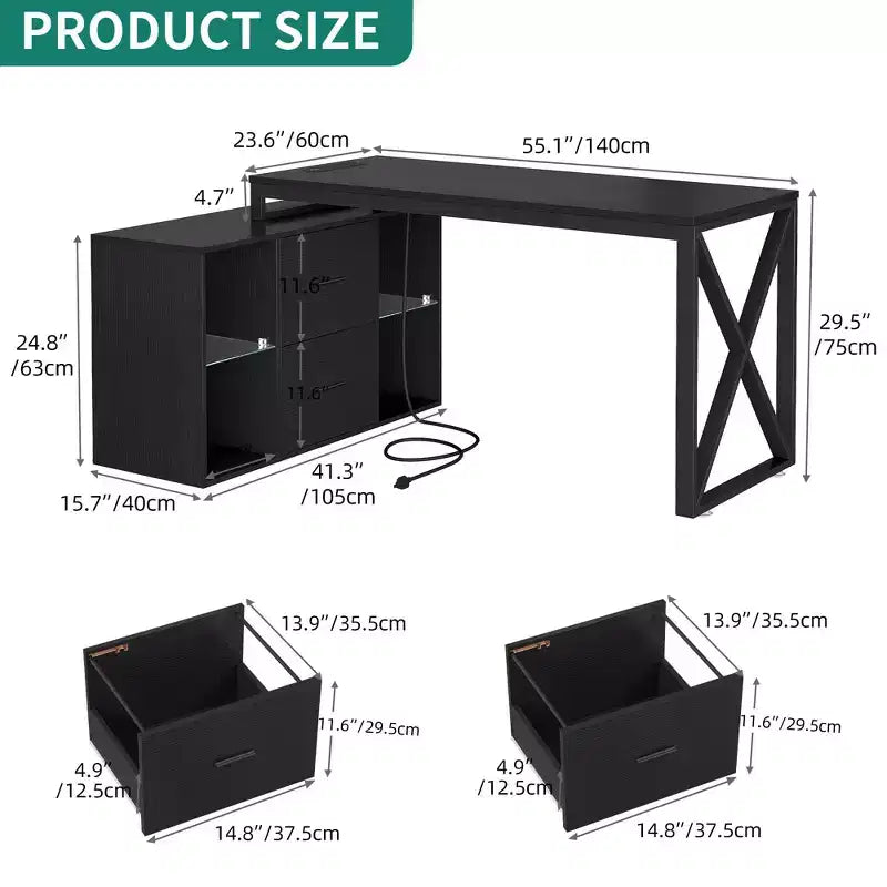Black 55inch L Shaped Desk Reversible Corner Computer Desk with Drawers & LED Lights with 4 Glass Open Storage Shelves