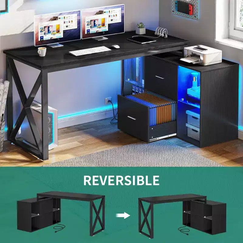 Black 55inch L Shaped Desk Reversible Corner Computer Desk with Drawers & LED Lights with 4 Glass Open Storage Shelves