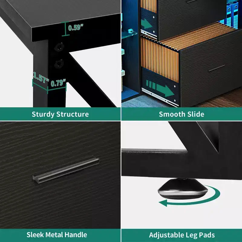 Black 55inch L Shaped Desk Reversible Corner Computer Desk with Drawers & LED Lights with 4 Glass Open Storage Shelves