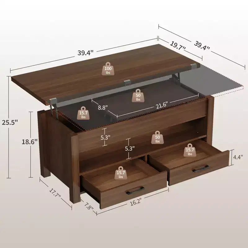 40 Lift-Top Coffee Table Multi-Function Convertible Design with Drawers & Hidden CompartmentTransforms to Dining Table for Living Room