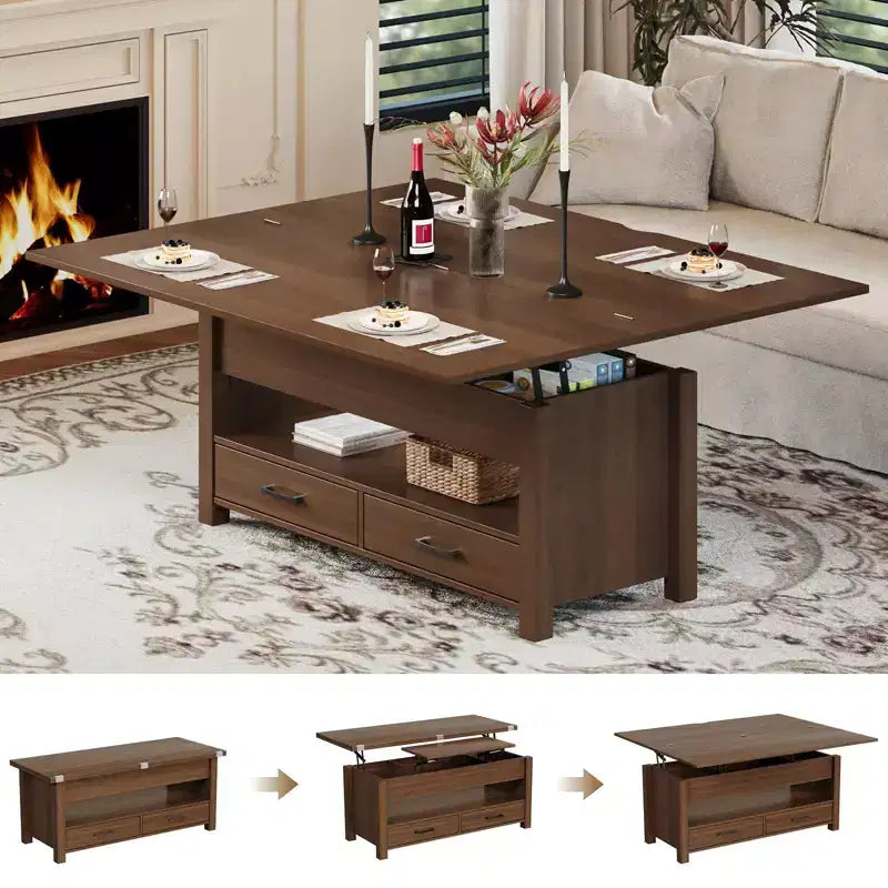 40 Lift-Top Coffee Table Multi-Function Convertible Design with Drawers & Hidden CompartmentTransforms to Dining Table for Living Room