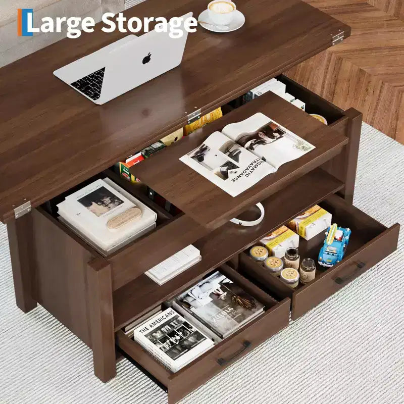 40 Lift-Top Coffee Table Multi-Function Convertible Design with Drawers & Hidden CompartmentTransforms to Dining Table for Living Room