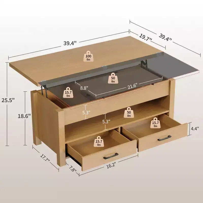 40 Lift-Top Coffee Table Multi-Function Convertible Design with Drawers & Hidden CompartmentTransforms to Dining Table for Living Room
