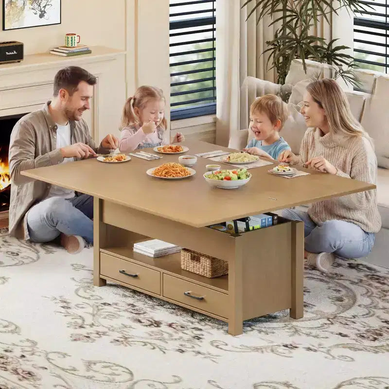 40 Lift-Top Coffee Table Multi-Function Convertible Design with Drawers & Hidden CompartmentTransforms to Dining Table for Living Room