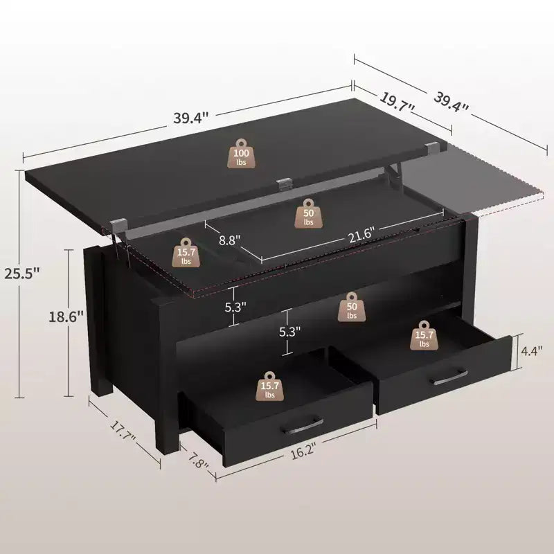 40 Lift-Top Coffee Table Multi-Function Convertible Design with Drawers & Hidden CompartmentTransforms to Dining Table for Living Room