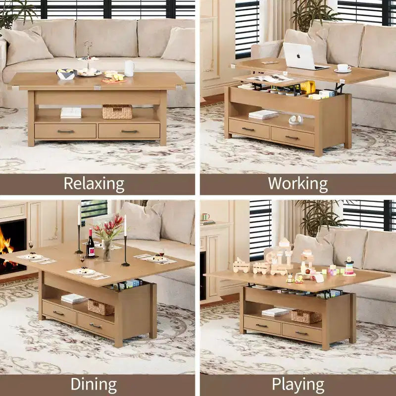 40 Lift-Top Coffee Table Multi-Function Convertible Design with Drawers & Hidden CompartmentTransforms to Dining Table for Living Room