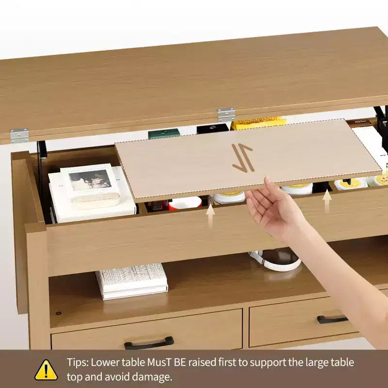 40 Lift-Top Coffee Table Multi-Function Convertible Design with Drawers & Hidden CompartmentTransforms to Dining Table for Living Room