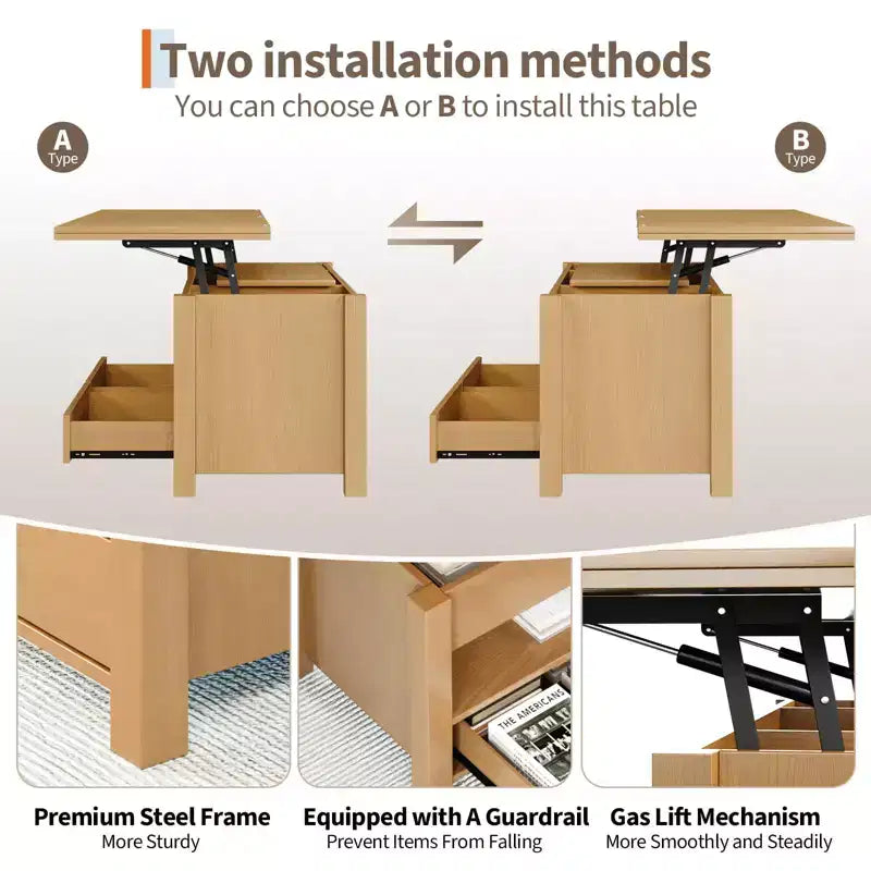 40 Lift-Top Coffee Table Multi-Function Convertible Design with Drawers & Hidden CompartmentTransforms to Dining Table for Living Room