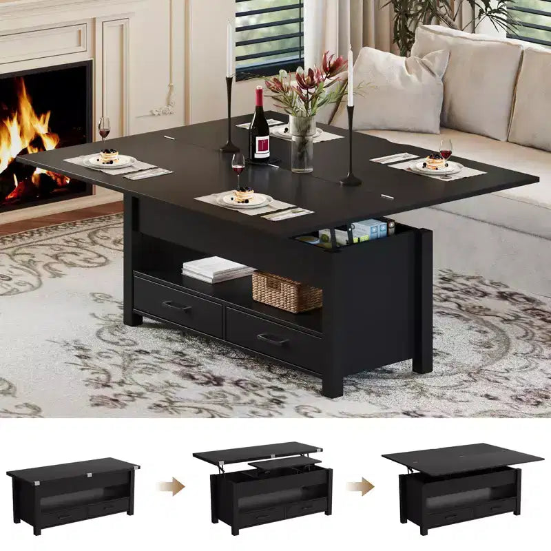 40 Lift-Top Coffee Table Multi-Function Convertible Design with Drawers & Hidden CompartmentTransforms to Dining Table for Living Room