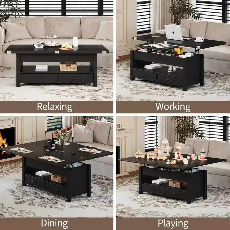 40 Lift-Top Coffee Table Multi-Function Convertible Design with Drawers & Hidden CompartmentTransforms to Dining Table for Living Room