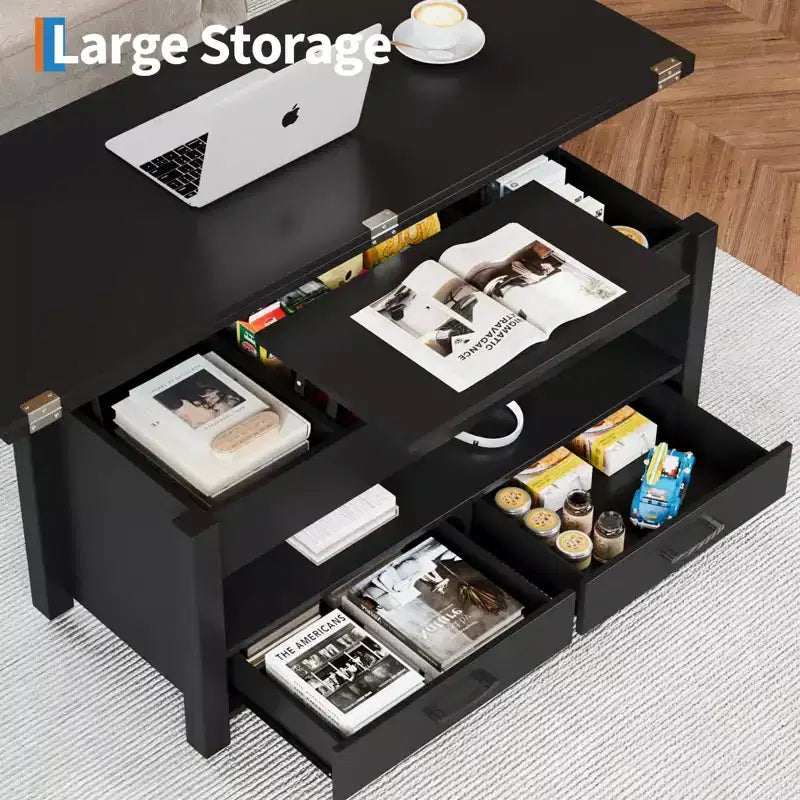 40 Lift-Top Coffee Table Multi-Function Convertible Design with Drawers & Hidden CompartmentTransforms to Dining Table for Living Room