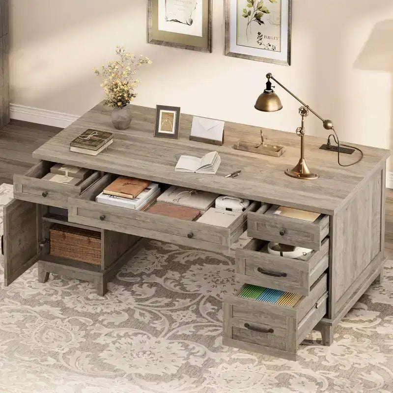 Extra-Large Two-Person Desk with Charging Station, Adjustable Storage & File Drawers for Shared Home Office and Study