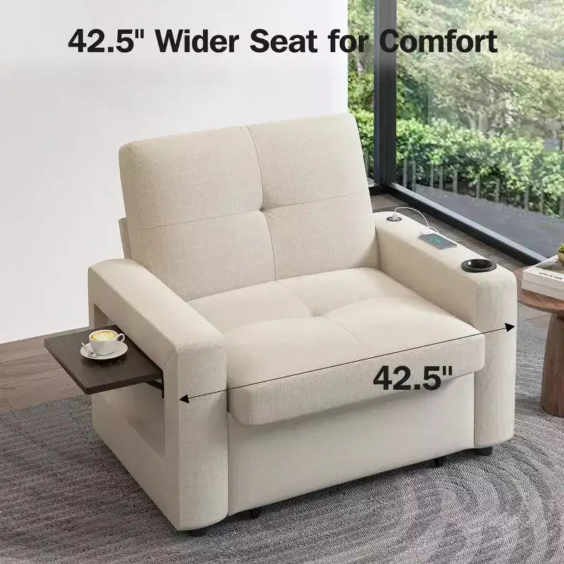 Dyonery 3-in-1 Sleeper Sofa Chair Bed, 42.5 Wide Convertible Pull-Out Sofa with Adjustable Backrest, USB Charging Ports, Side Table & Cup Holder