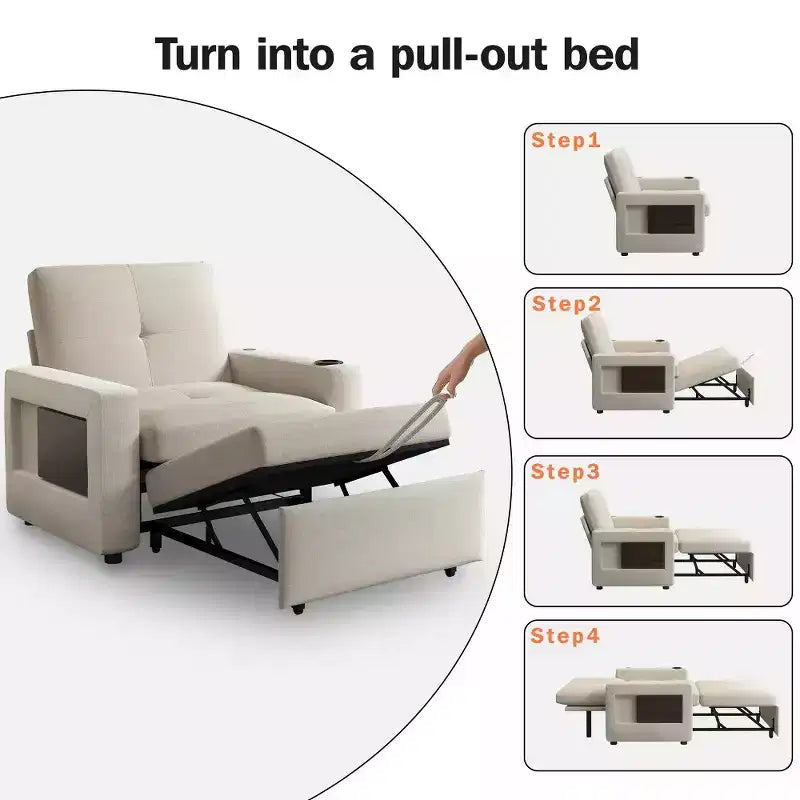 Dyonery 3-in-1 Sleeper Sofa Chair Bed, 42.5 Wide Convertible Pull-Out Sofa with Adjustable Backrest, USB Charging Ports, Side Table & Cup Holder