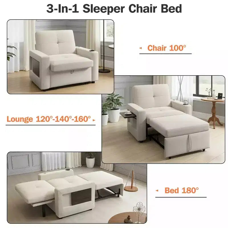 Dyonery 3-in-1 Sleeper Sofa Chair Bed, 42.5 Wide Convertible Pull-Out Sofa with Adjustable Backrest, USB Charging Ports, Side Table & Cup Holder