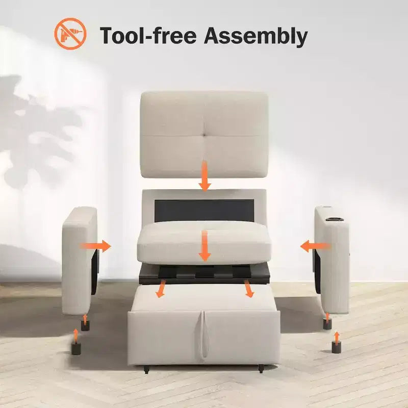 Dyonery 3-in-1 Sleeper Sofa Chair Bed, 42.5 Wide Convertible Pull-Out Sofa with Adjustable Backrest, USB Charging Ports, Side Table & Cup Holder
