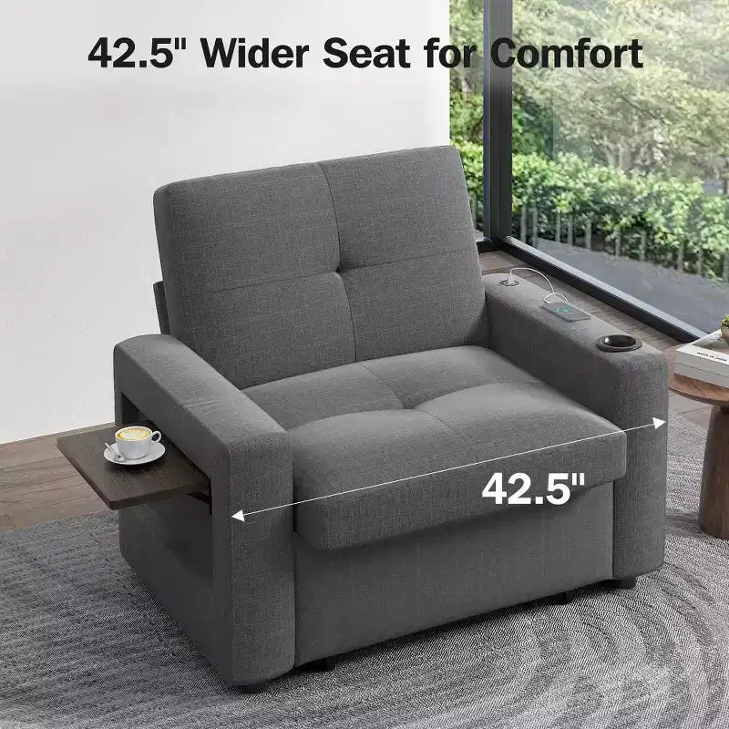 Dyonery 3-in-1 Sleeper Sofa Chair Bed, 42.5 Wide Convertible Pull-Out Sofa with Adjustable Backrest, USB Charging Ports, Side Table & Cup Holder
