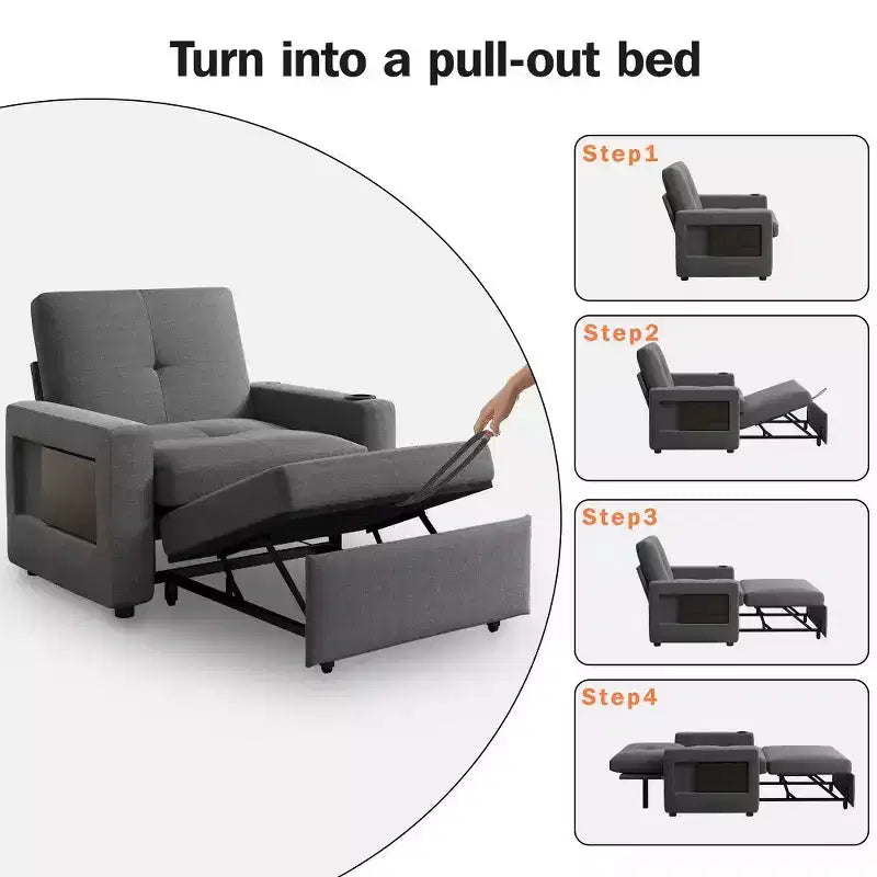 Dyonery 3-in-1 Sleeper Sofa Chair Bed, 42.5 Wide Convertible Pull-Out Sofa with Adjustable Backrest, USB Charging Ports, Side Table & Cup Holder