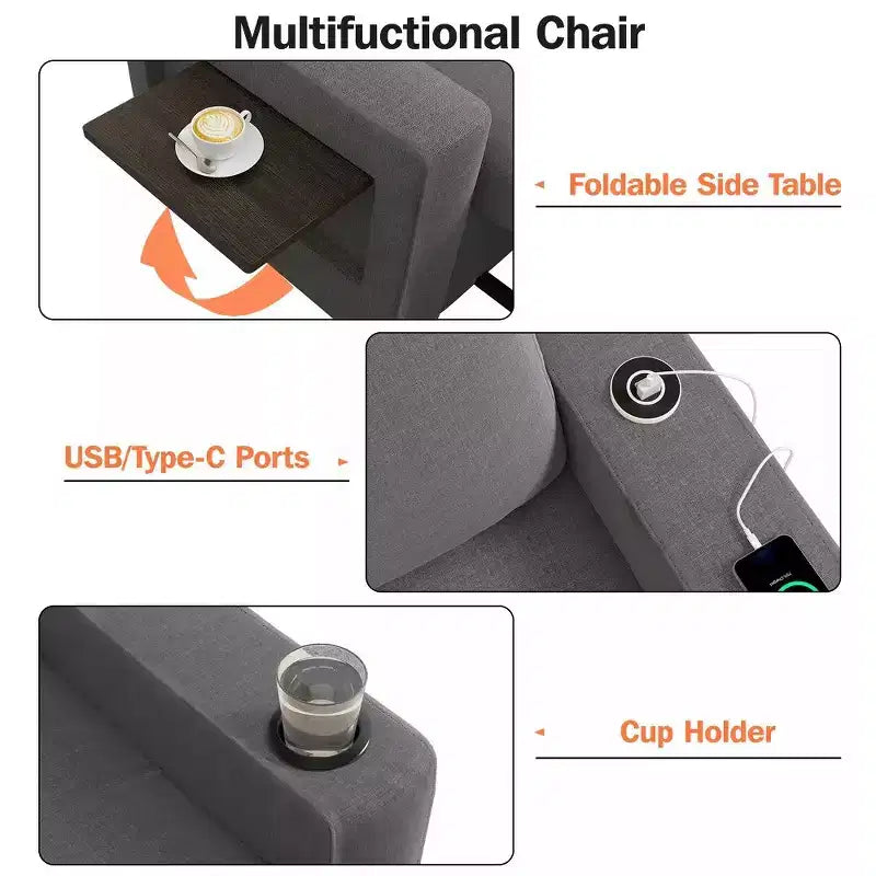 Dyonery 3-in-1 Sleeper Sofa Chair Bed, 42.5 Wide Convertible Pull-Out Sofa with Adjustable Backrest, USB Charging Ports, Side Table & Cup Holder