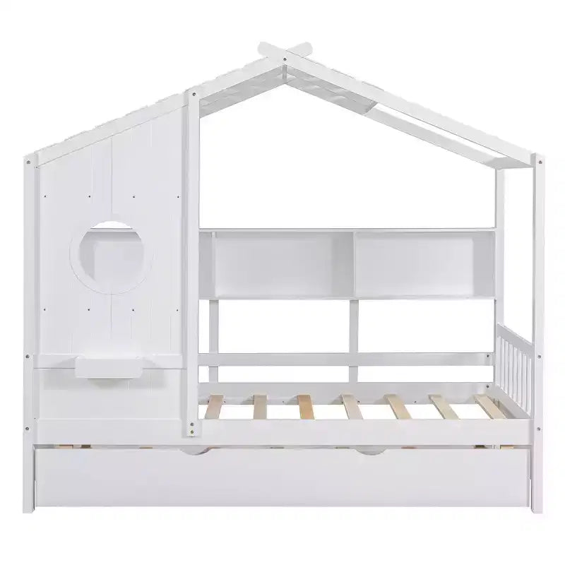 MAYEERTY Twin Size House Bed with Trundle Modern Design for Kids with Storage Shelf for Bedroom White