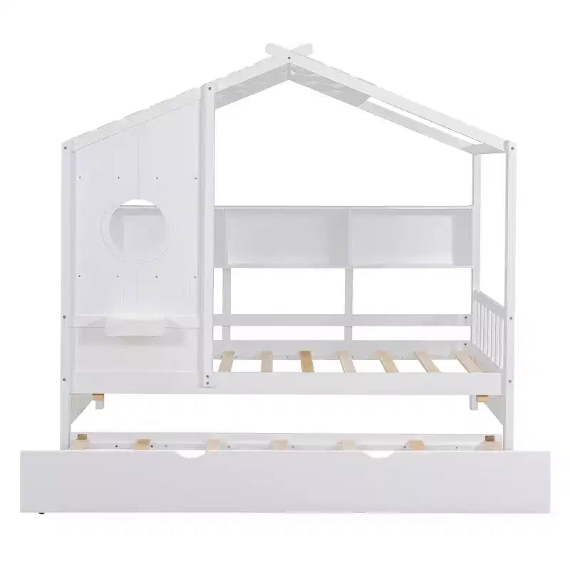 MAYEERTY Twin Size House Bed with Trundle Modern Design for Kids with Storage Shelf for Bedroom White