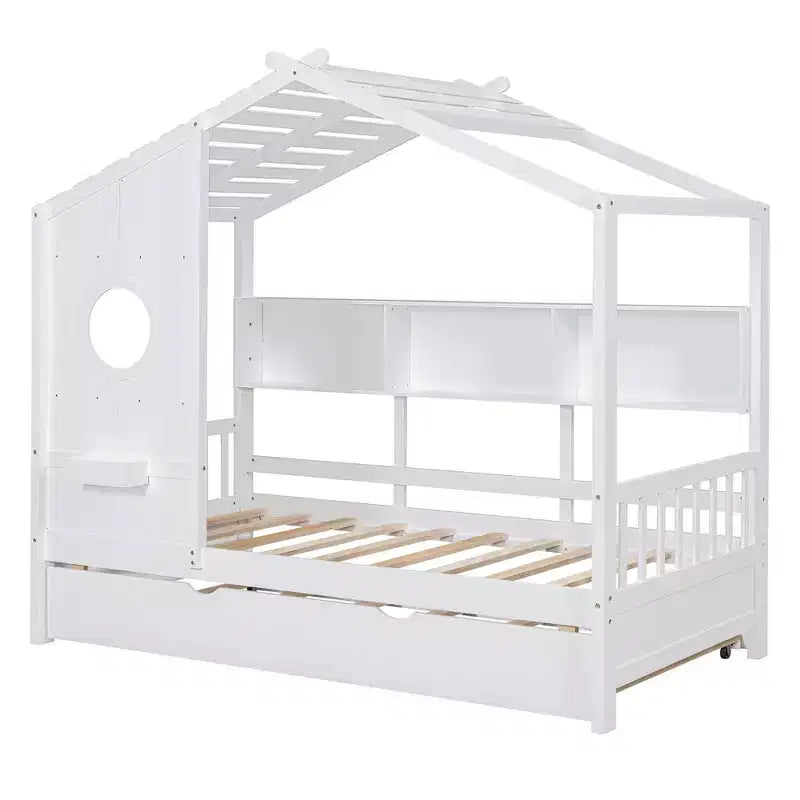 MAYEERTY Twin Size House Bed with Trundle Modern Design for Kids with Storage Shelf for Bedroom White