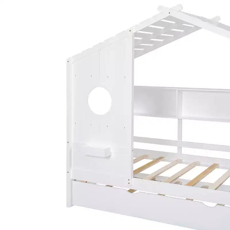 MAYEERTY Twin Size House Bed with Trundle Modern Design for Kids with Storage Shelf for Bedroom White