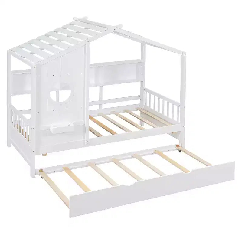 MAYEERTY Twin Size House Bed with Trundle Modern Design for Kids with Storage Shelf for Bedroom White