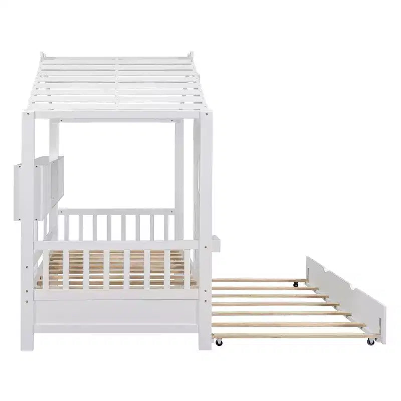 MAYEERTY Twin Size House Bed with Trundle Modern Design for Kids with Storage Shelf for Bedroom White
